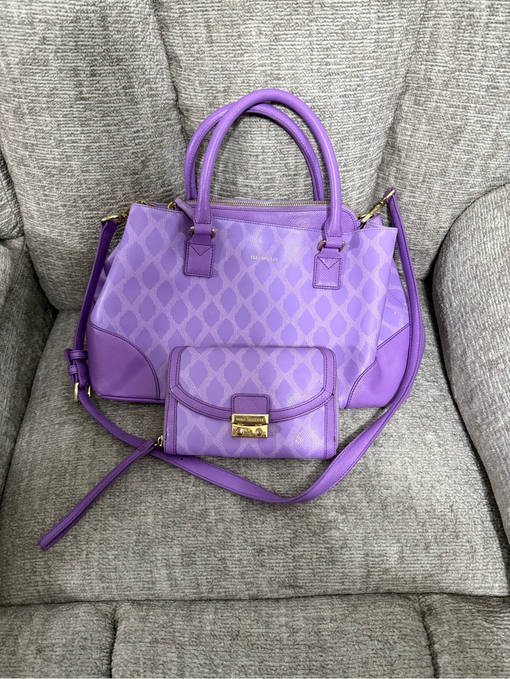 Vera Bradley Lavender Purple Jacquard Satchel with Matching Crossbody Wallet